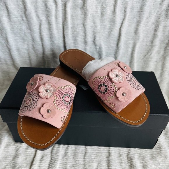 NIB Coach Peony Suede Slide Sandals w/ Tea Rose Rivets G2091 - Size 5B - Picture 3 of 8